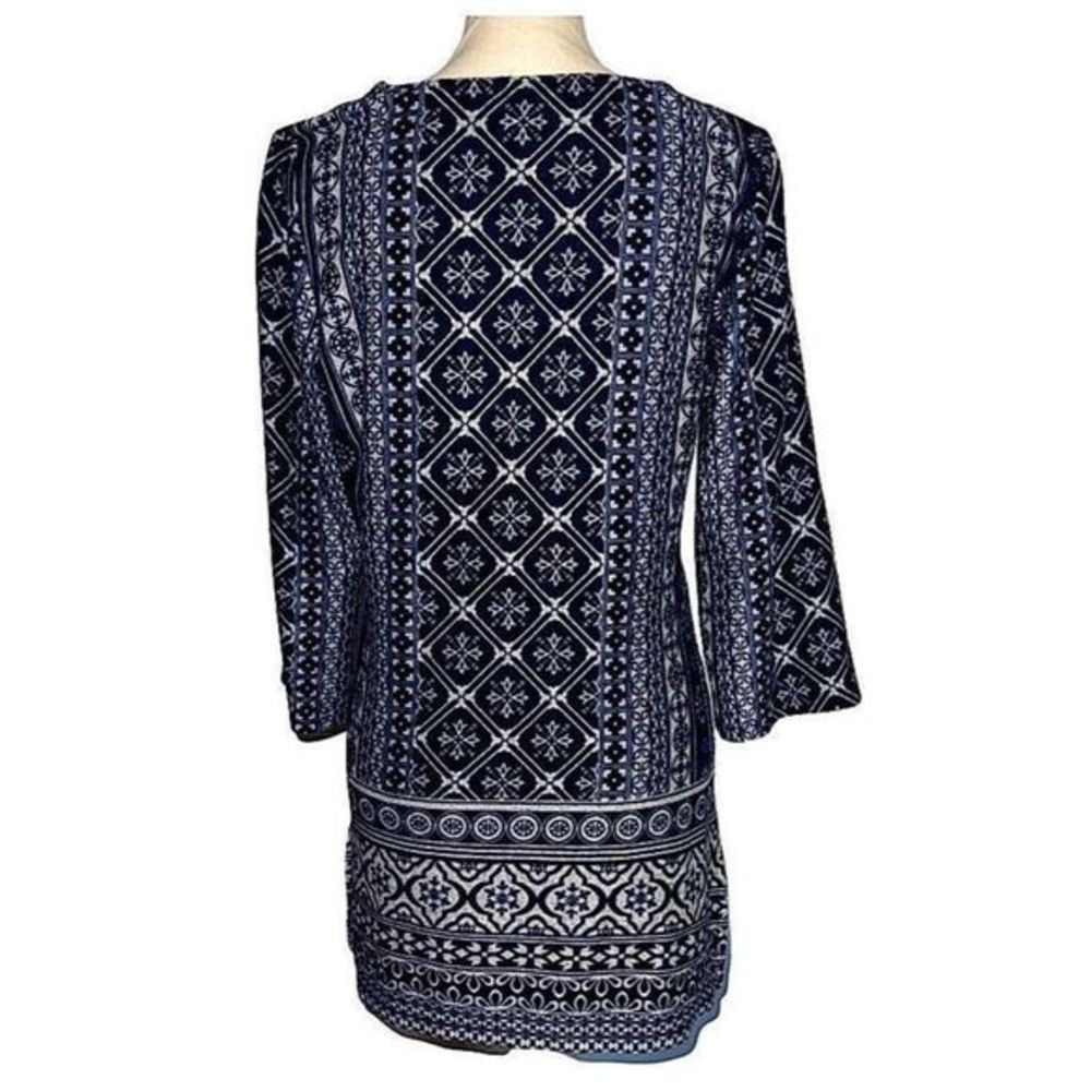 Tacera Batik Print Navy & White Knit Tunic‎ or Mini Dress —Size M  EUC - Picture 2 of 11
